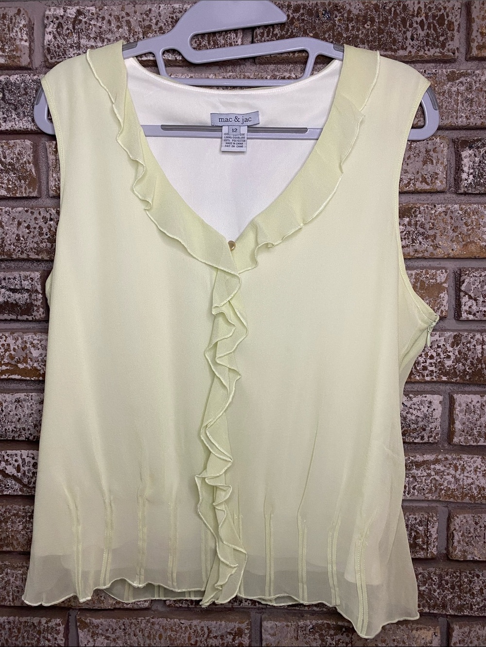 mac & jac Silk Light Chartreuse Coloured Ruffle V-Neck Sleeveless Blouse